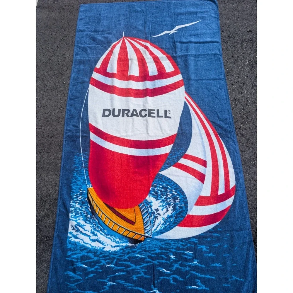 Vintage Duracell Battery Beach Bath Towel Sailboat Red White Blue 5'x28